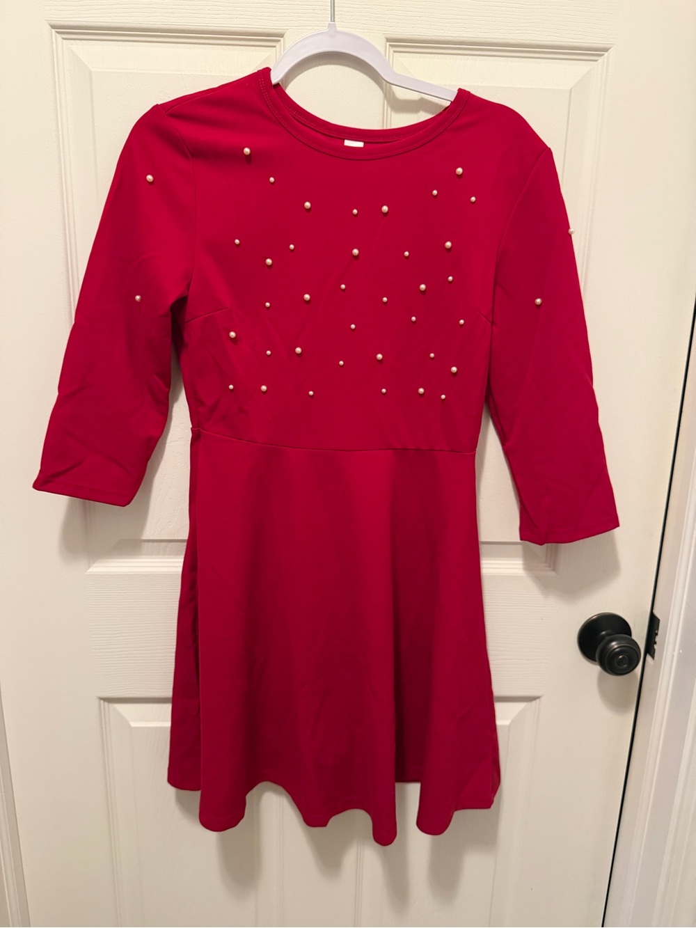 Red Pearl-Embellished Fit & Flare Dress
